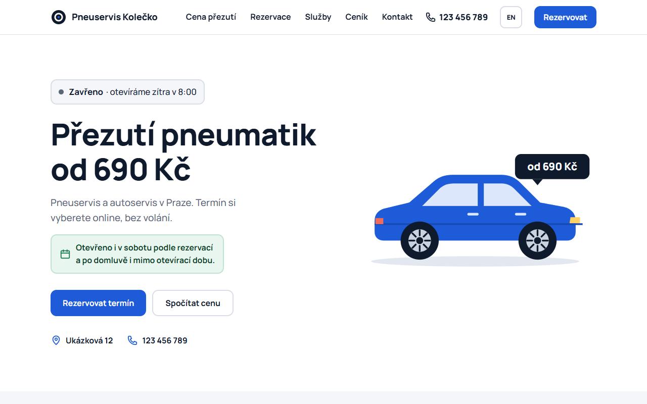 Ukázkový web pneuservisu na počítači